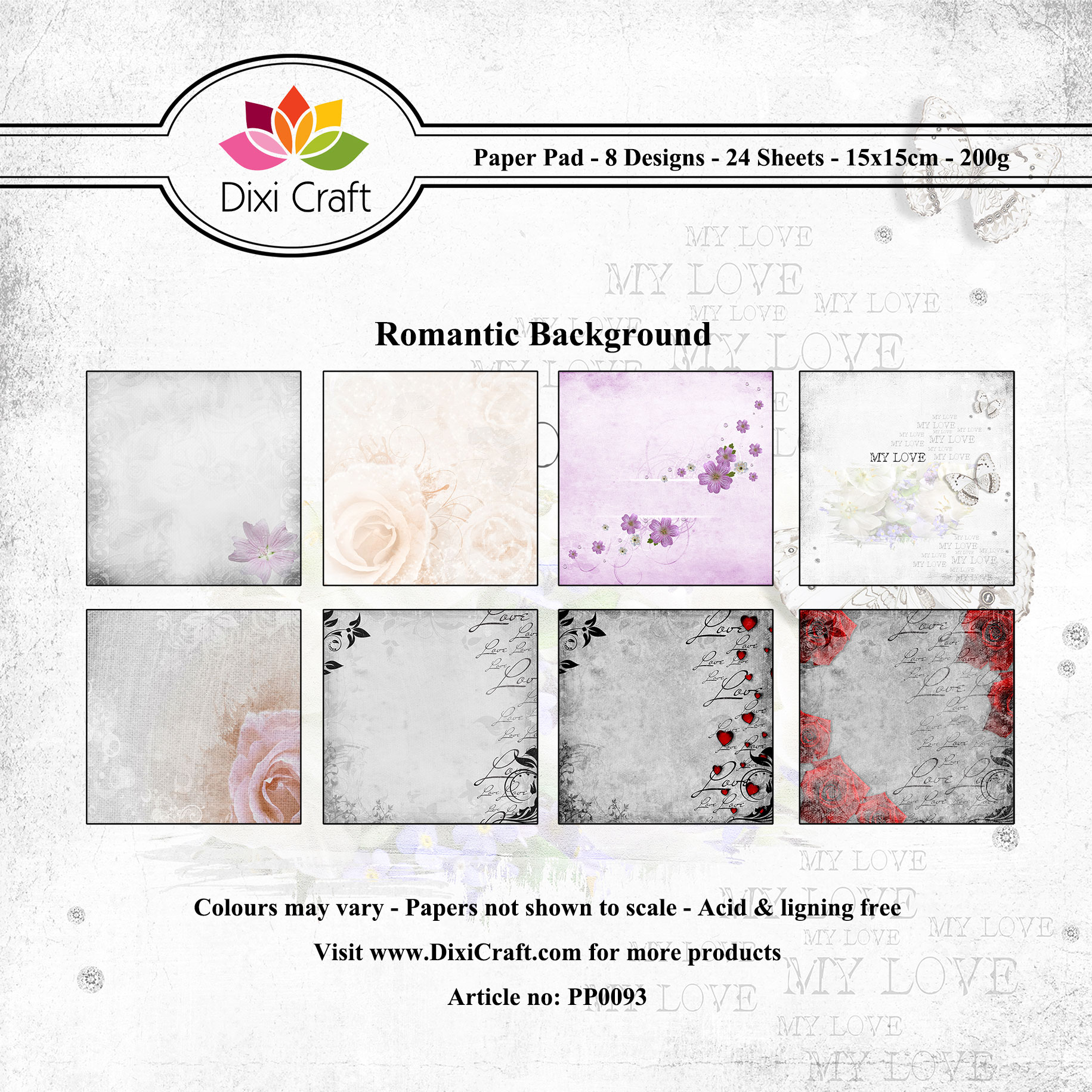 PP0093 Zestaw papierów 15x15cm Dixi Craft- Romantic Background