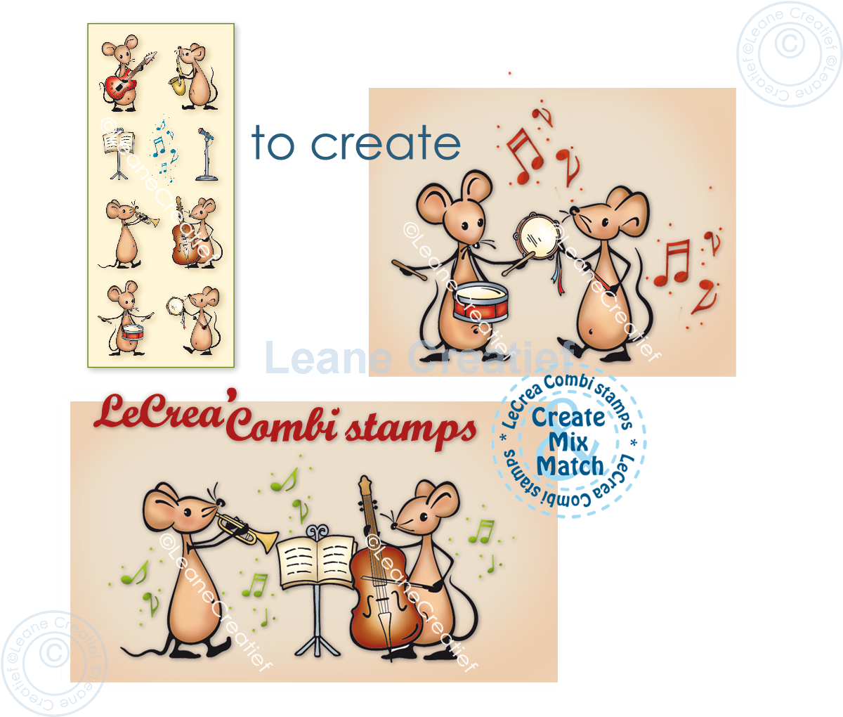 55.8306 Leane Creatief Acrylic Stamp - combi clear stamp Mice playing Music