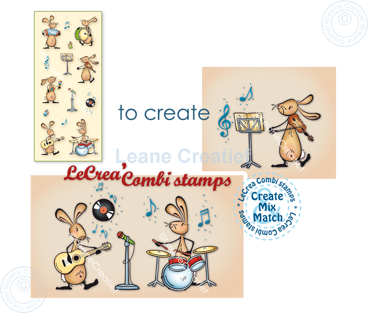 55.8313 Leane Creatief Acrylic Stamp - combi clear stamp Bunnies playing Music