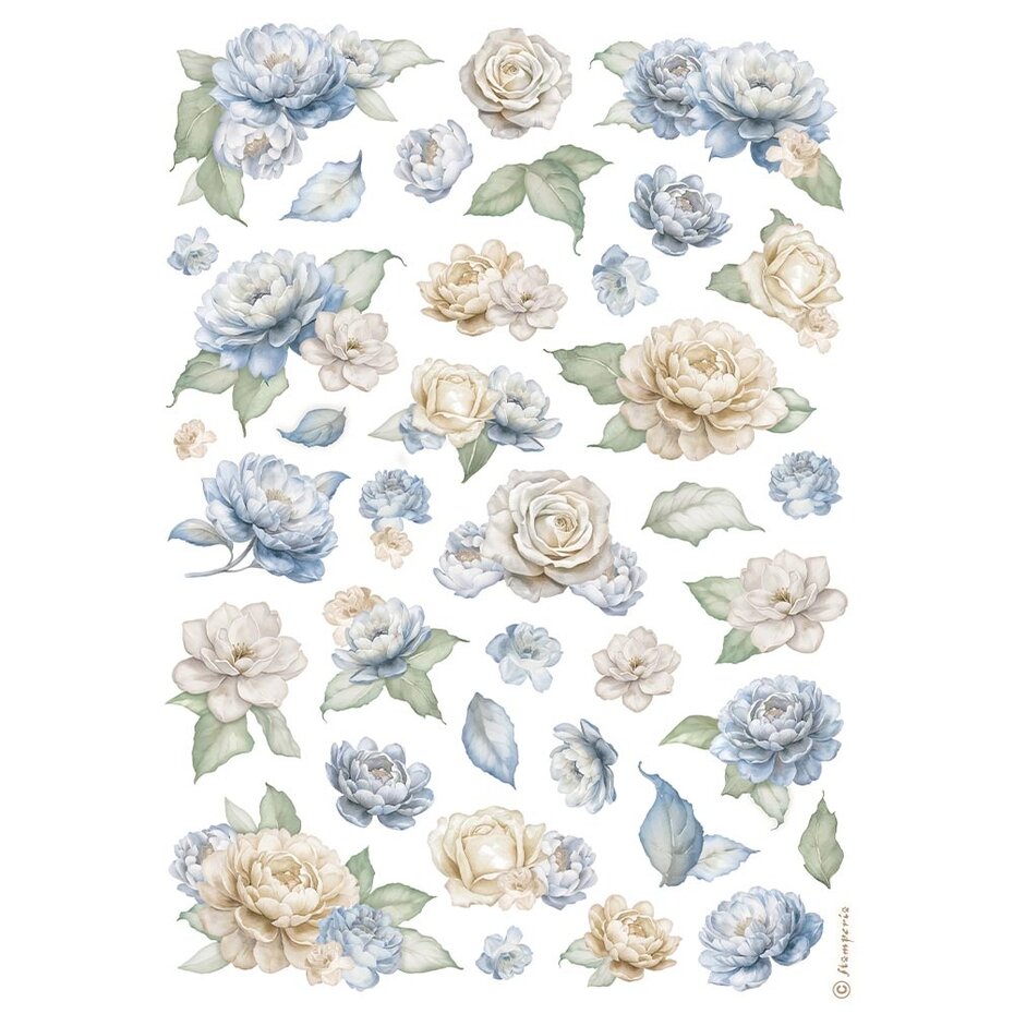 DFSA41036 Timeless A4 Rice Paper Roses and Blue Flowers Pattern