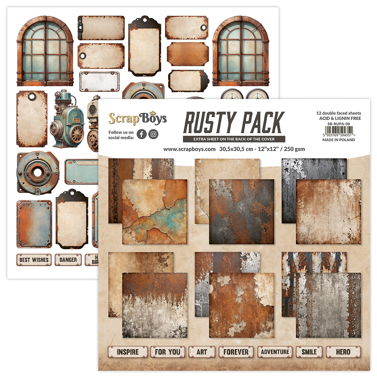 SB-RUPA-08 Paper set 30,5x30,5 cm Scrap Boys -Rusty Pack