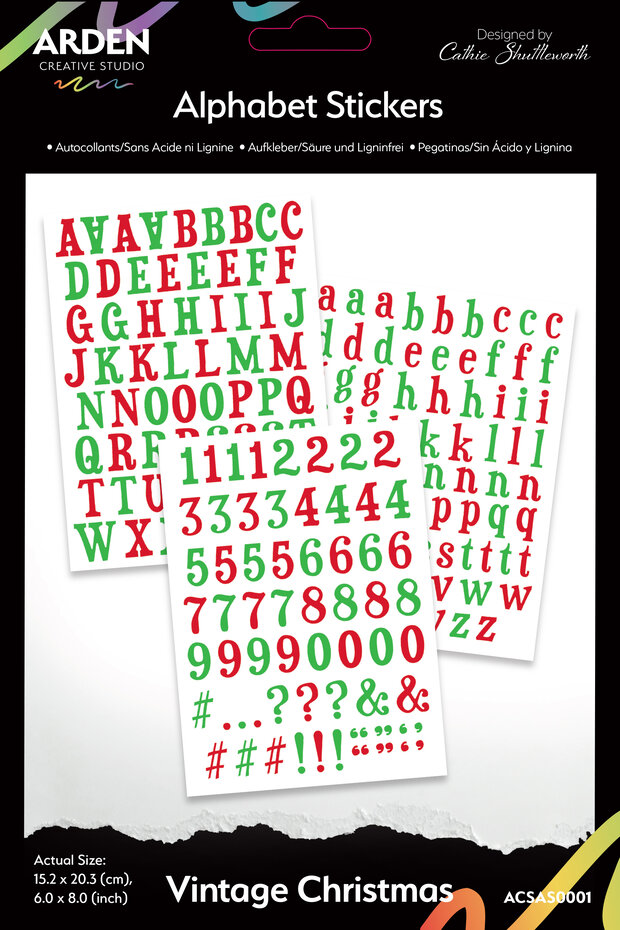 ACSAS0001 Vintage Christmas 6x8 Inch Alphabet Stickers (3pcs)