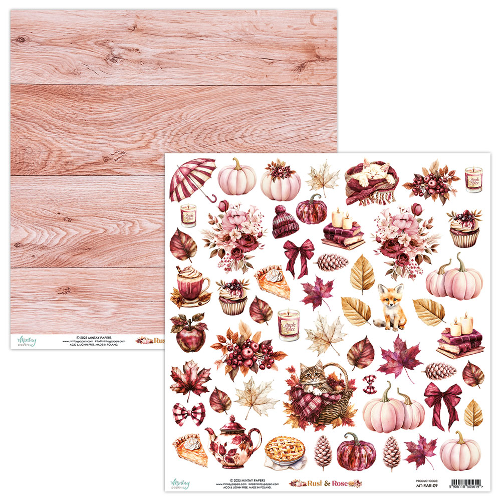 MT-RAR-09 RUST & ROSE-double-sided paper with elements 30.5x30.5cm