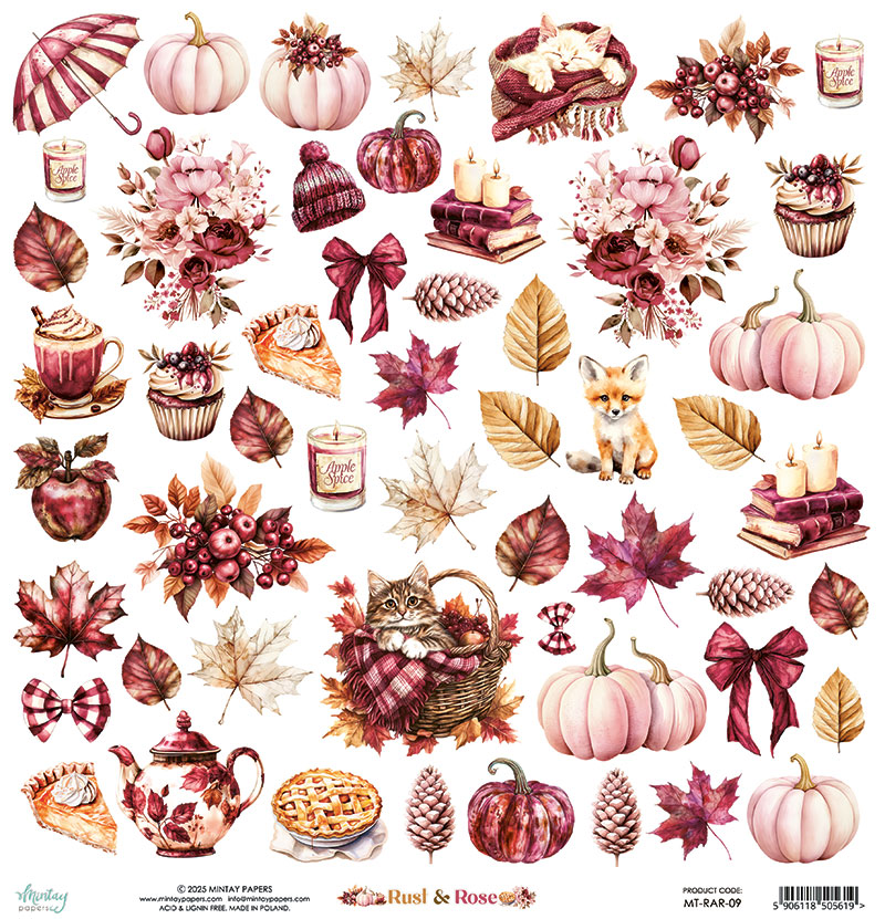 MT-RAR-09 RUST & ROSE-double-sided paper with elements 30.5x30.5cm
