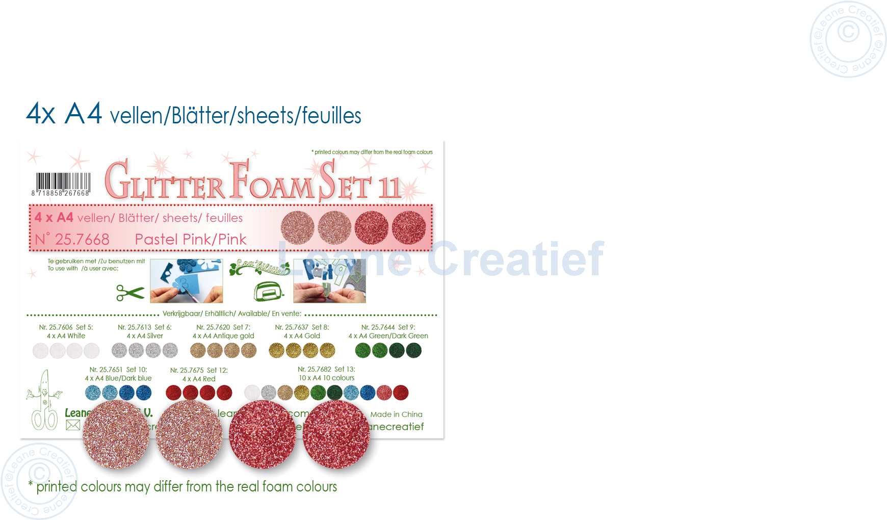 25.7668 Glitter foam set 11, 4 sheets A4, 2 pastel pink & 2 pink.