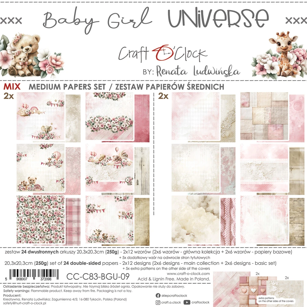 CC-C83-BGU-09 BABY GIRL UNIVERSE- a set of papers 20,3x20,3cm - MIX