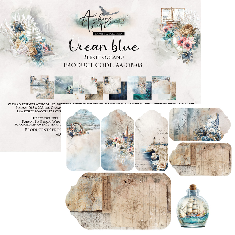 AA-OB-08 Alchemy of Art - 8x8'' - A SET OF PAPERS 20,3x20,3cm Ocean blue