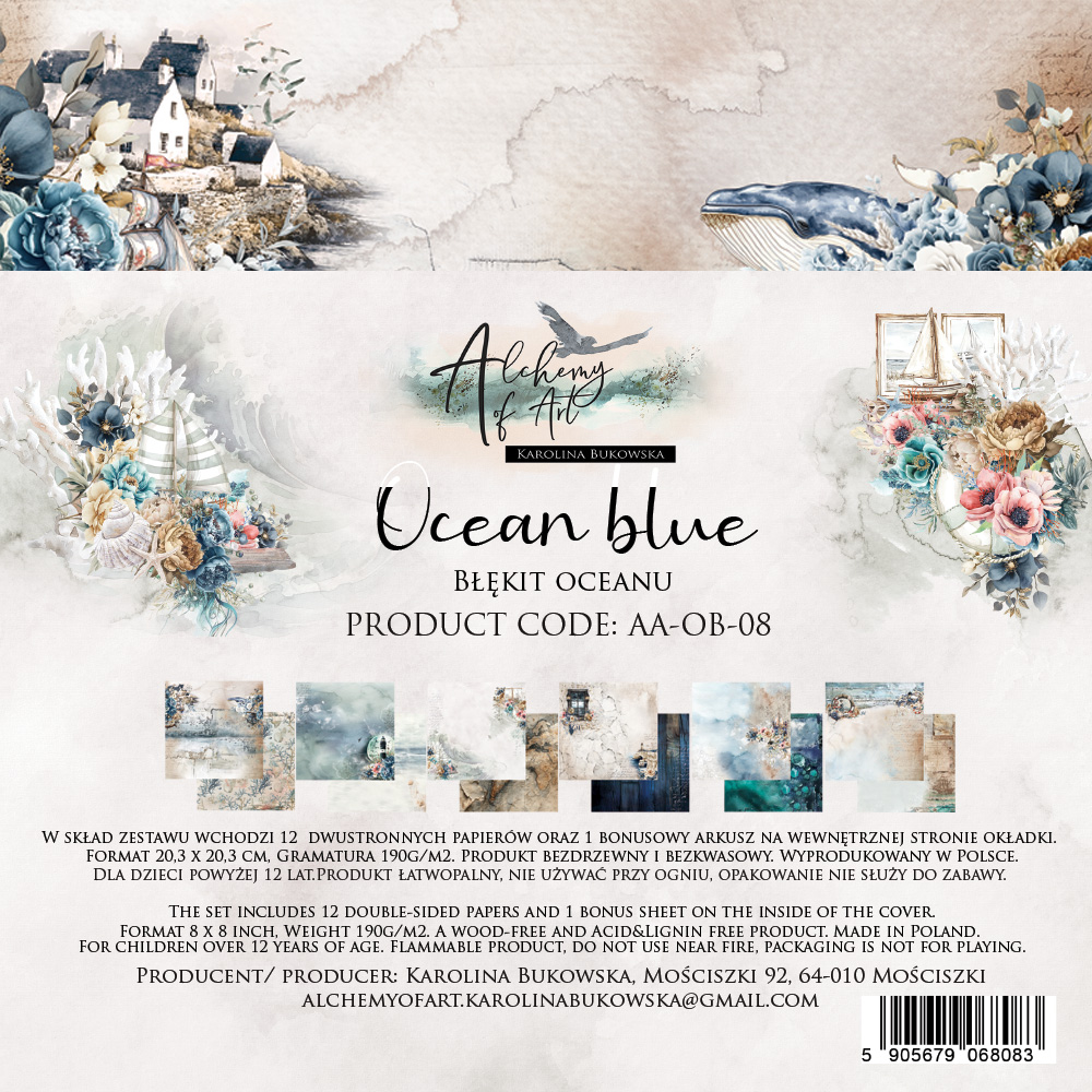 AA-OB-08 Alchemy of Art - 8x8'' - A SET OF PAPERS 20,3x20,3cm Ocean blue