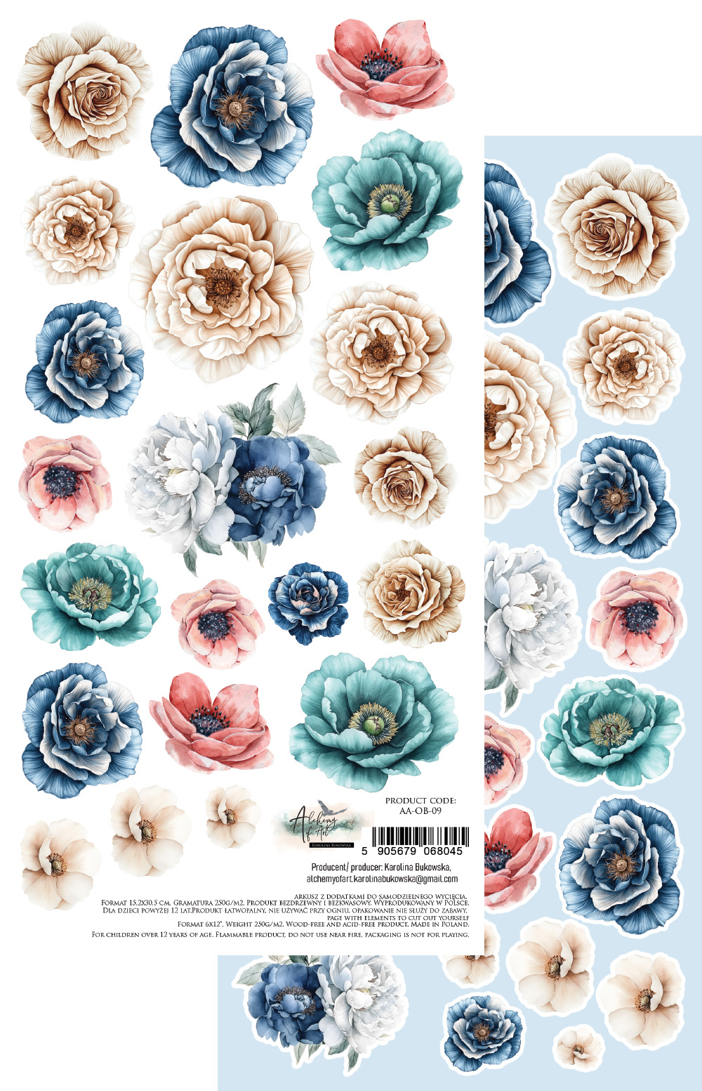 AA-OB-09 Paper sheet 6x12'' Ocean blue flowers
