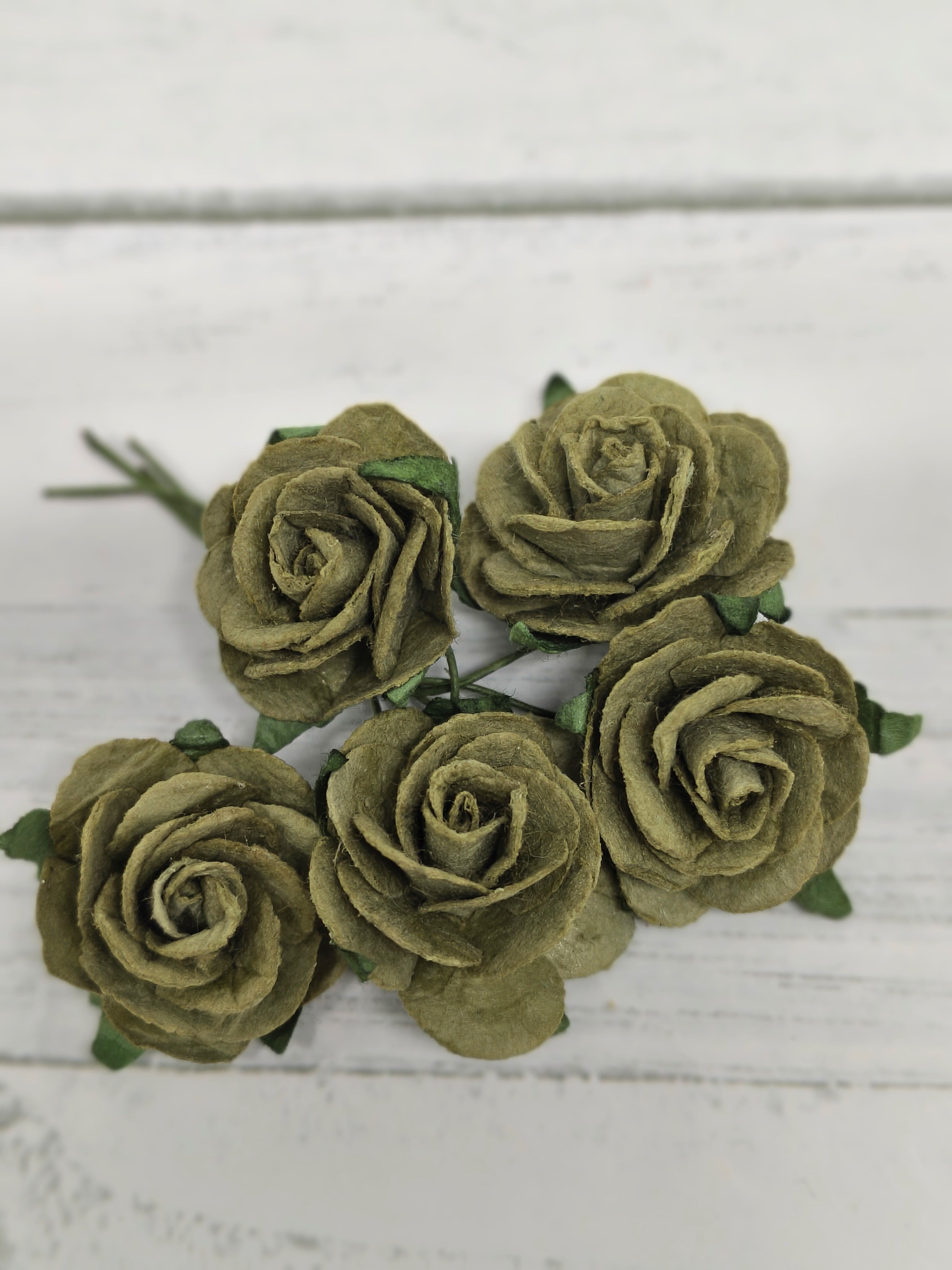 OR-R6-10 Open Roses I am Roses Paper Flowers - KHAKI GREEN-5pcs