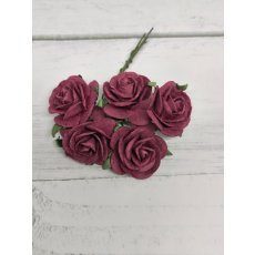 OR-R6-6 Open Roses I am Roses Paper Flowers -BURGUNDY-5pcs