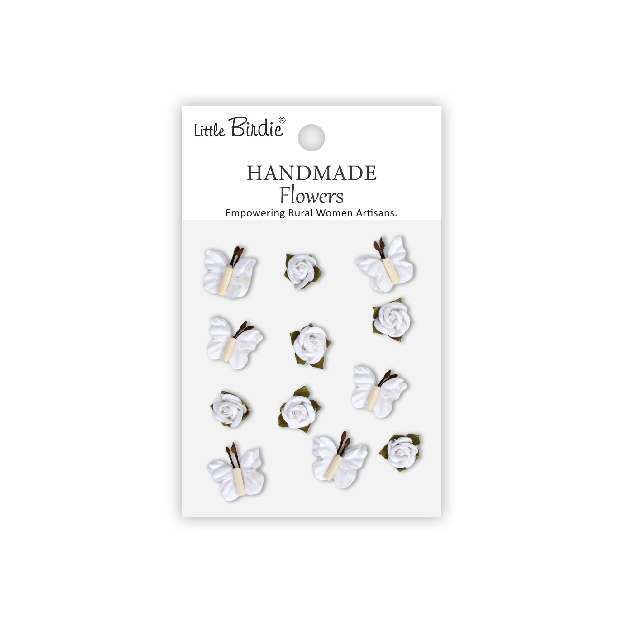 CR109938 Little Birdie Handmade Printed Paper Flowers Roses & Butterflies Frosty White -12pcs