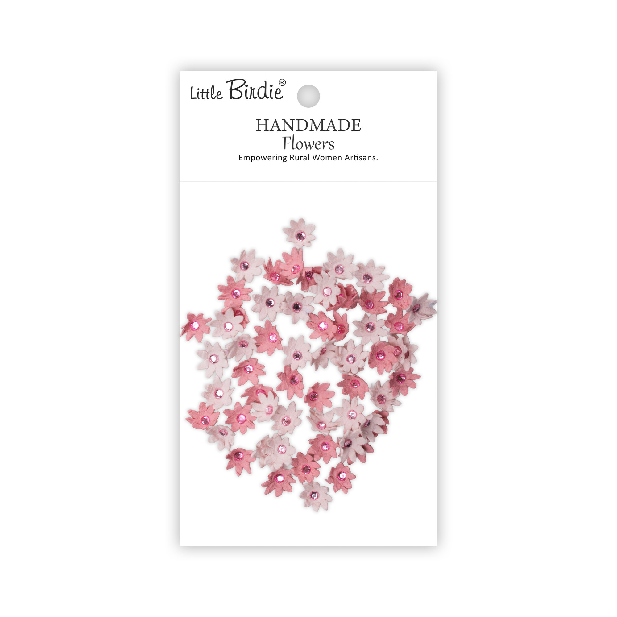 CR109982 Little Birdie Handmade Printed Paper Flowers Micro Jewlled Florettes Pink Passion -60pcs